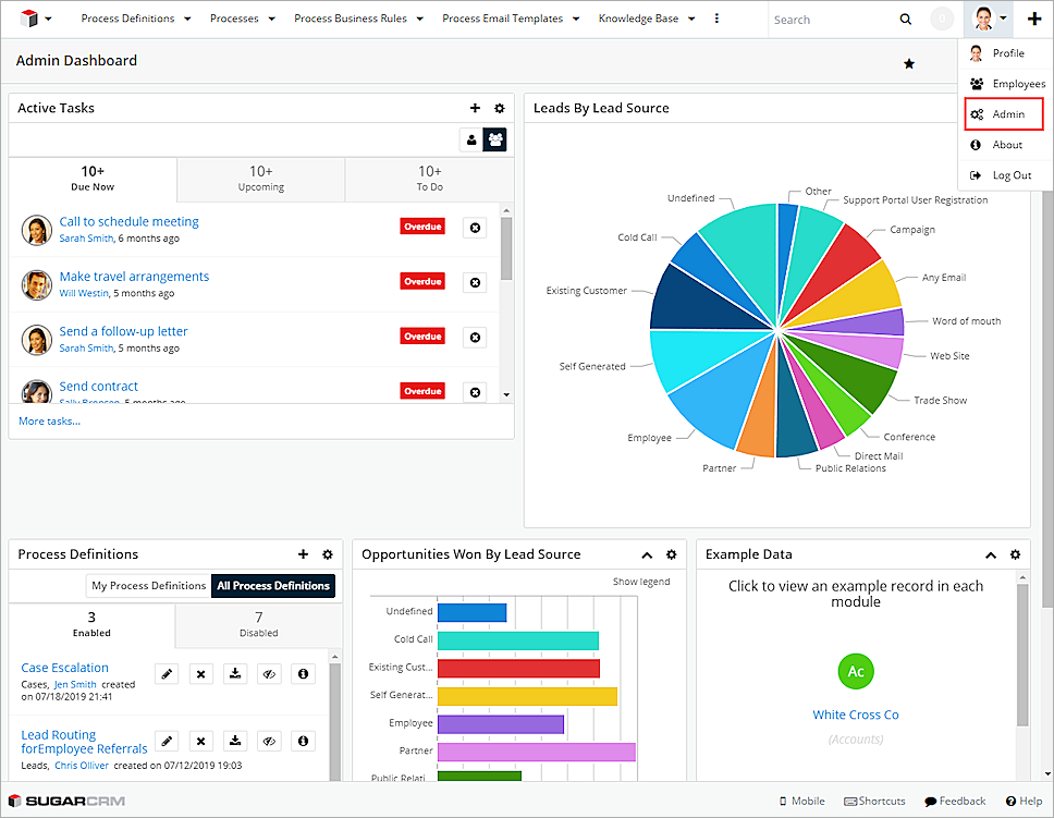 Click admin in SugarCRM